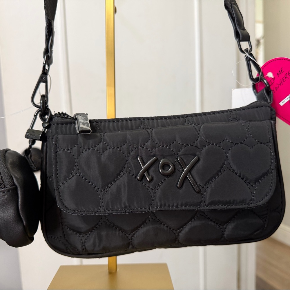 Betsy Johnson cute adjustable Crossbody bag in black with puffed hearts
